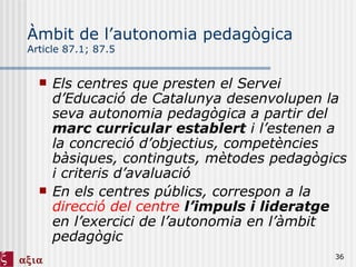 Àmbit de l’autonomia pedagògica Article 87.1; 87.5 Els centres que presten el Servei d’Educació de Catalunya desenvolupen la seva autonomia pedagògica a partir del  marc curricular establert  i l’estenen a la concreció d’objectius, competències bàsiques, continguts, mètodes pedagògics i criteris d’avaluació  En els centres públics, correspon a la  direcció del centre   l’impuls i lideratge  en l’exercici de l’autonomia en l’àmbit pedagògic 