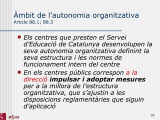 Àmbit de l’autonomia organitzativa Article 88.1; 88.3 Els centres que presten el Servei d’Educació de Catalunya desenvolupen la seva autonomia organitzativa definint la seva estructura i les normes de funcionament intern del centre En els centres públics correspon  a la direcció   impulsar i adoptar mesures  per a la millora de l’estructura organitzativa, que s’ajustin a les disposicions reglamentàries que siguin d’aplicació 
