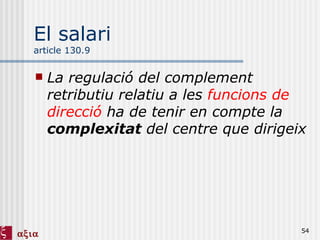 El salari article 130.9 La regulació del complement retributiu relatiu a les  funcions de direcció  ha de tenir en compte la  complexitat  del centre que dirigeix 