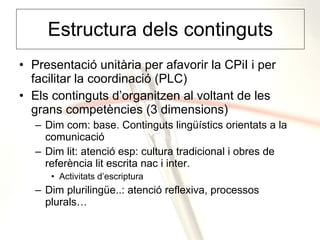 Estructura dels continguts Presentació unitària per afavorir la CPiI i per facilitar la coordinació (PLC) Els continguts d’organitzen al voltant de les grans competències (3 dimensions) Dim com: base. Continguts lingüístics orientats a la comunicació Dim lit: atenció esp: cultura tradicional i obres de referència lit escrita nac i inter. Activitats d’escriptura Dim plurilingüe..: atenció reflexiva, processos plurals… 