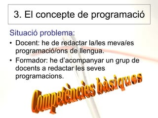 3. El concepte de programació Situació problema: Docent: he de redactar la/les meva/es programació/ons de llengua. Formador: he d’acompanyar un grup de docents a redactar les seves programacions.  Competències bàsiques 