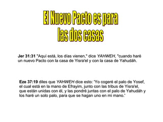 El Nuevo Pacto es para las dos casas Jer 31:31  "Aquí está, los días vienen," dice  YAHWEH , "cuando haré un nuevo Pacto con la casa de Yisra'el y con la casa de Yahudáh. Eze 37:19  diles que  YAHWEH  dice esto: 'Yo cogeré el palo de Yosef, el cual está en la mano de Efrayim, junto con las tribus de Yisra'el, que están unidas con él, y las pondré juntas con el palo de Yahudáh y los haré un solo palo, para que se hagan uno en mi mano.' 