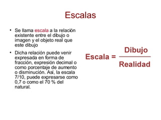 Escalas Se llama  escala  a la relación existente entre el dibujo o imagen y el objeto real que este dibujo Dicha relación puede venir expresada en forma de fracción, expresión decimal o como porcentaje de aumento o disminución. Así, la escala 7/10, puede expresarse como 0,7 o como el 70 % del natural. 