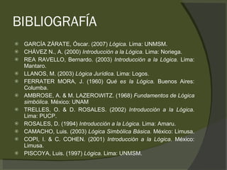 BIBLIOGRAFÍA GARCÍA ZÁRATE, Óscar. (2007)  Lógica.  Lima: UNMSM. CHÁVEZ N., A. (2000)  Introducción a la Lógica.  Lima: Noriega. REA RAVELLO, Bernardo. (2003)  Introducción a la Lógica.  Lima: Mantaro. LLANOS, M. (2003)  Lógica Jurídica.  Lima: Logos. FERRATER MORA, J. (1960)  Qué es la Lógica.  Buenos Aires: Columba. AMBROSE, A. & M. LAZEROWITZ. (1968)  Fundamentos de Lógica simbólica.  México: UNAM TRELLES, O. & D. ROSALES. (2002)  Introducción a la Lógica.  Lima: PUCP. ROSALES, D. (1994)  Introducción a la Lógica.  Lima: Amaru.  CAMACHO, Luis. (2003)  Lógica Simbólica Básica.  México: Limusa.   COPI, I. & C. COHEN. (2001)  Introducción a la Lógica.  México: Limusa. PISCOYA, Luis. (1997)  Lógica.  Lima: UNMSM. 