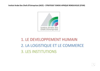 Institut Arabe Des Chefs D’Entreprises (IACE) – STRATEGIE TUNISIE-AFRIQUE RENOUVELEE (STAR)
1
1. LE DEVELOPPEMENT HUMAIN
2. LA LOGISTIQUE ET LE COMMERCE
3. LES INSTITUTIONS
 