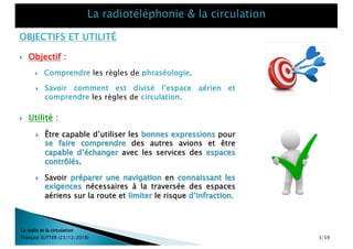 } Objectif :
} Utilité :
OBJECTIFS ET UTILITÉ
} Comprendre les règles de phraséologie.
} Être capable d’utiliser les bonnes expressions pour
se faire comprendre des autres avions et être
capable d’échanger avec les services des espaces
contrôlés.
} Savoir préparer une navigation en connaissant les
exigences nécessaires à la traversée des espaces
aériens sur la route et limiter le risque d’infraction.
La radio et la circulation
François SUTTER (23/12/2018) 3/59
} Savoir comment est divisé l’espace aérien et
comprendre les règles de circulation.
 