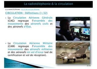 La radio et la circulation
François SUTTER (23/12/2018)
CIRCULATION : Définitions (1/32)
} La Circulation Aérienne Générale
(CAG) regroupe l’ensemble des
mouvements des aéronefs civils et
des aéronefs d’État.
} La Circulation Aérienne Militaire
(CAM) regroupe l’ensemble des
mouvements des aéronefs militaires
et des aéronefs en vol d’essai (vol de
certification et vol de réception).
[I] LA RADIOTÉLÉPHONIE – [II] LA CIRCULATION AÉRIENNE
25/59
 
