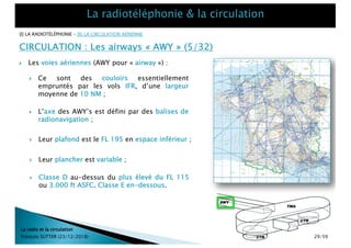 } Les voies aériennes (AWY pour « airway ») :
CIRCULATION : Les airways « AWY » (5/32)
La radio et la circulation
François SUTTER (23/12/2018)
} Ce sont des couloirs essentiellement
empruntés par les vols IFR, d’une largeur
moyenne de 10 NM ;
} Leur plafond est le FL 195 en espace inférieur ;
} Leur plancher est variable ;
} Classe D au-dessus du plus élevé du FL 115
ou 3.000 ft ASFC. Classe E en-dessous.
} L’axe des AWY’s est défini par des balises de
radionavigation ;
[I] LA RADIOTÉLÉPHONIE – [II] LA CIRCULATION AÉRIENNE
29/59
 