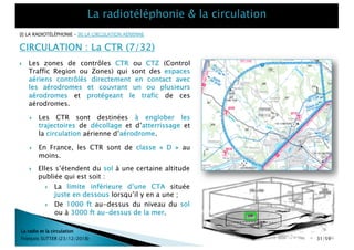 } Les zones de contrôles CTR ou CTZ (Control
Traffic Region ou Zones) qui sont des espaces
aériens contrôlés directement en contact avec
les aérodromes et couvrant un ou plusieurs
aérodromes et protégeant le trafic de ces
aérodromes.
CIRCULATION : La CTR (7/32)
La radio et la circulation
François SUTTER (23/12/2018)
} Les CTR sont destinées à englober les
trajectoires de décollage et d’atterrissage et
la circulation aérienne d’aérodrome.
} En France, les CTR sont de classe « D » au
moins.
} Elles s’étendent du sol à une certaine altitude
publiée qui est soit :
} La limite inférieure d’une CTA située
juste en dessous lorsqu’il y en a une ;
} De 1000 ft au-dessus du niveau du sol
ou à 3000 ft au-dessus de la mer.
[I] LA RADIOTÉLÉPHONIE – [II] LA CIRCULATION AÉRIENNE
31/59
 