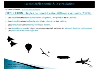 CIRCULATION : Règles de priorité entre différents aéronefs (23/32)
La radio et la circulation
François SUTTER (23/12/2018)
} Les avions doivent céder la priorité aux dirigeables, aux planeurs et aux ballons.
} Les dirigeables doivent céder la priorité aux planeurs et aux ballons.
} Les planeurs doivent céder la priorité aux ballons.
} Les aéronefs tractant des objets ou un autre aéronef, ainsi que les aéronefs évoluant en formation
ont priorité sur les autres appareils.
[I] LA RADIOTÉLÉPHONIE – [II] LA CIRCULATION AÉRIENNE
49/59
 