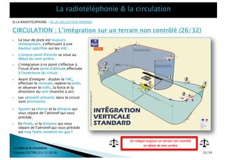 CIRCULATION : L’intégration sur un terrain non contrôlé (26/32)
La radio et la circulation
François SUTTER (23/12/2018)
[I] LA RADIOTÉLÉPHONIE – [II] LA CIRCULATION AÉRIENNE
On intègre toujours un terrain non contrôlé
en début de vent arrière
} Le tour de piste est toujours
rectangulaire, s'effectuant à une
hauteur spécifiée sur les VAC.
} L'unique point d'entrée se situe au
début du vent arrière.
} L'intégration à ce point s'effectue à
l'issue d'une perte d'altitude effectuée
à l'extérieure du circuit.
} Avant d'intégrer : étudier la VAC,
effectuer la verticale, repérer la piste,
et observer le trafic, la force et la
directions du vent (manche à air).
} Les aéronefs présents dans le circuit
sont prioritaires.
} Ajuster sa vitesse et la distance qui
vous sépare de l’aéronef qui vous
précède.
} En finale, si la distance qui vous
sépare de l’aéronef qui vous précède
est trop faible remettre les gaz !
52/59
 