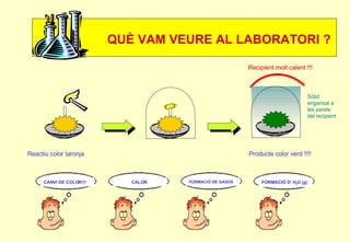 QUÈ VAM VEURE AL LABORATORI ? Sòlid enganxat a les parets del recipient Reactiu color taronja Recipient molt calent !!! Producte color verd !!!! CANVI DE COLOR!!! CALOR  FORMACIÓ DE GASOS FORMACIÓ D’ H 2 O (g) 
