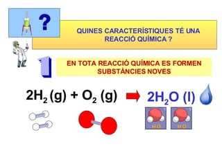 QUINES CARACTERÍSTIQUES TÉ UNA REACCIÓ QUÍMICA ? EN TOTA REACCIÓ QUÍMICA ES FORMEN SUBSTÀNCIES NOVES 2H 2  (g) + O 2  (g)   2H 2 O (l) 