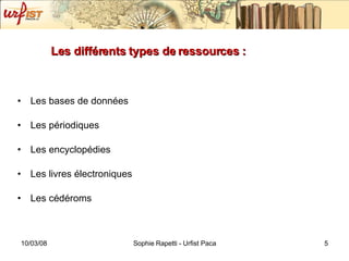 Les différents types de ressources : Les bases de données Les périodiques Les encyclopédies Les livres électroniques Les cédéroms 