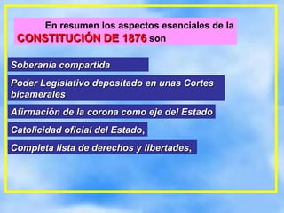 En resumen los aspectos esenciales de la CONSTITUCIÓN DE 1876  son Soberanía   compartida Poder Legislativo depositado en unas Cortes bicamerales Afirmación de la corona como eje del Estado Catolicidad oficial del Estado , Completa lista de derechos y libertades ,   