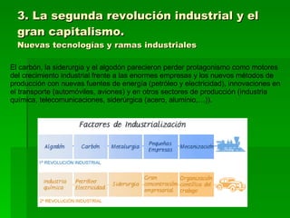 3. La segunda revolución industrial y el gran capitalismo. Nuevas tecnologías y ramas industriales El carbón, la siderurgia y el algodón parecieron perder protagonismo como motores del crecimiento industrial frente a las enormes empresas y los nuevos métodos de producción con nuevas fuentes de energía (petróleo y electricidad), innovaciones en el transporte (automóviles, aviones) y en otros sectores de producción (industria química, telecomunicaciones, siderúrgica (acero, aluminio,…)). 