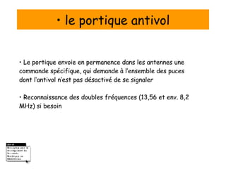 •  le portique antivol •  Le portique envoie en permanence dans les antennes une commande spécifique, qui demande à l’ensemble des puces dont l’antivol n’est pas désactivé de se signaler •  Reconnaissance des doubles fréquences (13,56 et env. 8,2 MHz) si besoin 