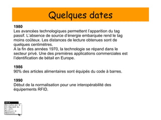 Quelques dates 1980 Les avancées technologiques permettent l’apparition du tag passif. L’absence de source d’énergie embarquée rend le tag moins coûteux. Les distances de lecture obtenues sont de quelques centimètres. A la fin des années 1970, la technologie se répand dans le secteur privé. Une des premières applications commerciales est l’identification de bétail en Europe. 1986 90% des articles alimentaires sont équipés du code à barres . 1990 Début de la normalisation pour une interopérabilité des équipements RFID. 