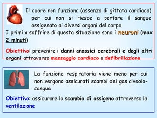 La funzione respiratoria viene meno per cui non vengono assicurati scambi dei gas alveolo-sangue Il cuore non funziona (assenza di gittata cardiaca) per cui non si riesce a portare il sangue ossigenato ai diversi organi del corpo I primi a soffrire di questa situazione sono i  neuroni  ( max  2 minuti )  Obiettivo : prevenire i  danni anossici cerebrali e degli altri organi  attraverso  massaggio cardiaco  e  defibrillazione Obiettivo : assicurare lo  scambio di ossigeno  attraverso la  ventilazione   