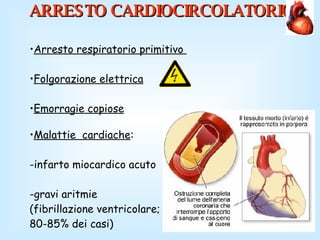 ARRESTO CARDIOCIRCOLATORIO Arresto respiratorio primitivo  Folgorazione elettrica Emorragie copiose Malattie  cardiache : -infarto miocardico acuto  -gravi aritmie (fibrillazione ventricolare; 80-85% dei casi) 