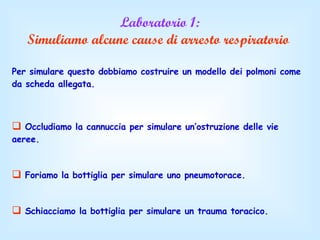 Laboratorio 1: Simuliamo alcune cause di arresto respiratorio   Per simulare questo dobbiamo costruire un modello dei polmoni come da scheda allegata. Occludiamo la cannuccia per simulare un’ostruzione delle vie aeree. Foriamo la bottiglia per simulare uno pneumotorace. Schiacciamo la bottiglia per simulare un trauma toracico. 