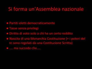 Si forma un'Assemblea nazionale ●  Partiti eletti democraticamente  ●  Tasse senza privilegi  ●  Diritto di voto solo a chi ha un certo reddito ●  Nascita di una Monarchia Costituzione (= i poteri del re sono regolati da una Costituzione Scritta)  ●  .... ma succede che....  