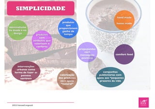 SIMPLICIDADE
                                                                                 hand made
                                        produtos                                home made
                                          que
minimalismo                           proporcionem
na moda e no                            ganho de
   design                                tempo
                        produtos
                           com
                      atributos que
                       valorizam o
                        conforto
                                                     propagandas
                                                         com
                                                      mensagens                 comfort food
                                                       positivas


      intervenções
      urbanas como
    forma de fazer as                                                  campanhas
         pessoas                       valorização                   publicitárias com
        sorrirem                      dos produtos                 apelo aos “pequenos
                                       com apelo                     prazeres da vida
                                        “natural”




  2012 trend report
 