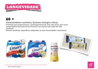 LONGEVIDADE


60 +
Consumidores seniores, buscam energia e força
Produtos que proporcionem o prolongamento de uma vida ativa, pois estes
consumidores possuem forte interesse em manter um estilo de vida
saudável.
Buscam produtos especíﬁcos, adaptados às suas necessidades nutricionais




 2012 trend report
 