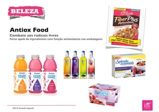 BELEZA


Antiox Food
Combate aos radicais livres
Forte apelo de ingredientes com função antioxidante nas embalagens




 2012 trend report
 