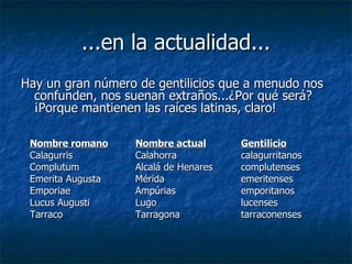 ...en la actualidad... Hay un gran número de gentilicios que a menudo nos confunden, nos suenan extraños...¿Por qué será? ¡Porque mantienen las raíces latinas, claro! Nombre romano Nombre actual Gentilicio Calagurris Calahorra calagurritanos Complutum Alcalá de Henares complutenses Emerita Augusta Mérida emeritenses Emporiae Ampúrias emporitanos Lucus Augusti Lugo lucenses Tarraco Tarragona tarraconenses 