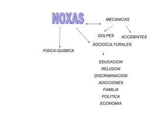 NOXAS MECANICAS GOLPES ACCIDENTES SOCIOCULTURALES EDUCACION RELIGION DISCRIMINACION ADICCIONES FAMILIA POLITICA ECONOMIA FISICA-QUIMICA