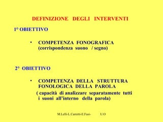 M.Lelli-L.Carretti-E.Fusi- U.O.N.P.I.A-H.S.A-Como-
DEFINIZIONE DEGLI INTERVENTI
1° OBIETTIVO
• COMPETENZA FONOGRAFICA
(cor...