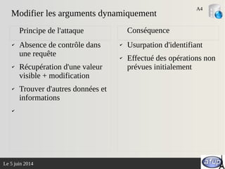 Le 5 juin 2014
✔ Absence de contrôle dans
une requête
✔ Récupération d'une valeur
visible + modification
✔ Trouver d'autres données et
informations
✔
✔ Usurpation d'identifiant
✔ Effectué des opérations non
prévues initialement
Principe de l'attaque Conséquence
Modifier les arguments dynamiquement
A4
 