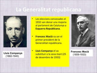 La Generalitat republicana
                 •   Les eleccions convocades el
                     1932 van donar una majoria
                     al parlament de Catalunya a
                     Esquerra Republicana.

                 •   Francesc Macià va ser el
                     primer president de la
                     Generalitat republicana.

                 •   Lluís Companys el va            Francesc Macià
Lluís Companys       substituir a la seva mort (25     (1859-1933)
  (1882-1940)
                     de desembre de 1933)
 