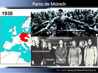 Pacto de Múnich
1938



                  CONGRESO DE MUNICH




       A.N.Chamberlain


                E. Daladier    A.Hitler   B. Mussolini



                              Fco. Ayén www.profesorfrancisco.es
 