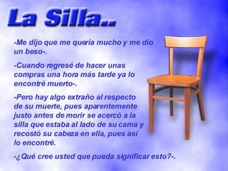 -Me dijo que me quería mucho y me dio un beso-. -Cuando regresé de hacer unas compras una hora más tarde ya lo encontré muerto-. -Pero hay algo extraño al respecto de su muerte, pues aparentemente justo antes de morir se acercó a la silla que estaba al lado de su cama y recostó su cabeza en ella, pues así lo encontré. -¿Qué cree usted que pueda significar esto?-. 