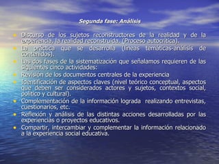 Segunda fase: Análisis Discurso de los sujetos reconstructores de la realidad y de la experiencia, la realidad reconstruida. (Proceso autocrítica). La práctica que se desarrolla (líneas temáticas-análisis de contenidos). Las dos fases de la sistematización que señalamos requieren de las siguientes cinco actividades: Revisión de los documentos centrales de la experiencia  Identificación de aspectos claves (nivel teórico conceptual, aspectos que deben ser considerados actores y sujetos, contextos social, político y cultural). Complementación de la información lograda  realizando entrevistas, cuestionarios, etc. Reflexión y análisis de las distintas acciones desarrolladas por las experiencias o proyectos educativos. Compartir, intercambiar y complementar la información relacionado a la experiencia social educativa.  