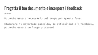Progetta il tuo documento e incorpora i feedback
Potrebbe essere necessario del tempo per questa fase.
Elaborare il materiale raccolto, le riflessioni e i feedback…
potrebbe essere un lungo processo!
 