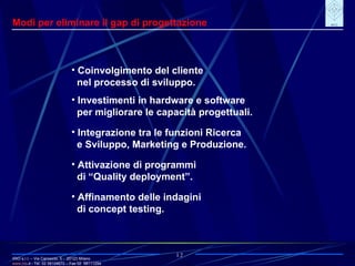 IRIO s.r.l. – Via Carroccio, 5 -  20123 Milano www. irio . it  - Tel. 02 58104670 – Fax 02  58111254 12 Modi per eliminare il gap di progettazione Coinvolgimento del cliente nel processo di sviluppo. Investimenti in hardware e software per migliorare le capacità progettuali. Integrazione tra le funzioni Ricerca e Sviluppo, Marketing e Produzione. Attivazione di programmi di “Quality deployment”. Affinamento delle indagini di concept testing. 