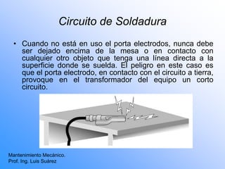 Circuito de Soldadura
• Cuando no está en uso el porta electrodos, nunca debe
ser dejado encima de la mesa o en contacto con
cualquier otro objeto que tenga una línea directa a la
superficie donde se suelda. El peligro en este caso es
que el porta electrodo, en contacto con el circuito a tierra,
provoque en el transformador del equipo un corto
circuito.
Mantenimiento Mecánico.
Prof. Ing. Luis Suárez
 