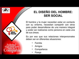 EL DISEÑO DEL HOMBRE: SER SOCIAL El hombre y la mujer necesitan estar en contacto con su entorno, necesitan compartir con otros para poder desarrollarse de una manera integral y poder así realizarse como persona en cada una de sus áreas. Es por eso que sus relaciones interpersonales deben ser en diferentes situaciones: Familia Amigos Compañeros Pareja 