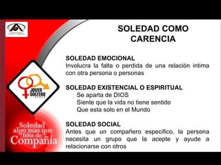SOLEDAD COMO CARENCIA SOLEDAD EMOCIONAL   Involucra la falta o perdida de una relación intima con otra persona o personas SOLEDAD EXISTENCIAL O ESPIRITUAL Se aparta de DIOS  Siente que la vida no tiene sentido Que esta solo en el Mundo  SOLEDAD SOCIAL   Antes que un compañero especifico, la persona necesita un grupo que la acepte y ayude a relacionarse con otros 