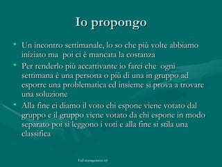 Io propongo Un incontro settimanale, lo so che più volte abbiamo iniziato ma  poi ci è mancata la costanza  Per renderlo più accattivante io farei che  ogni settimana è una persona o più di una in gruppo ad esporre una problematica ed insieme si prova a trovare una soluzione Alla fine ci diamo il voto chi espone viene votato dal gruppo e il gruppo viene votato da chi espone in modo separato poi si leggono i voti e alla fine si stila una classifica 