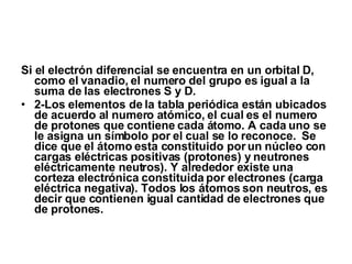 Si el electrón diferencial se encuentra en un orbital D, como el vanadio, el numero del grupo es igual a la suma de las electrones S y D. 2-Los elementos de la tabla periódica están ubicados de acuerdo al numero atómico, el cual es el numero de protones que contiene cada átomo. A cada uno se le asigna un símbolo por el cual se lo reconoce.  Se dice que el átomo esta constituido por un núcleo con cargas eléctricas positivas (protones) y neutrones eléctricamente neutros). Y alrededor existe una corteza electrónica constituida por electrones (carga eléctrica negativa). Todos los átomos son neutros, es decir que contienen igual cantidad de electrones que de protones. 