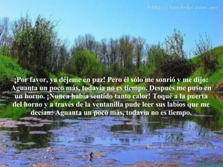 ¡Por favor ,  ya déjeme en paz! Pero  él  sólo me sonrió y me dijo: Aguanta   un poco más, todavía no es tiempo. Después me puso en un horno. ¡Nunca había sentido tanto calor! Toqué a la puerta del horno y a través de la ventanilla pude leer  sus  labios que me decían: Aguanta un poco más, todavía no es tiempo. 