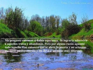 Me pregunté entonces si había esperanza.  Si lograría sobrevivir  a  aquellos tratos y abandonos. Pero por alguna razón aguanté todo aquello. Fue entonces que se abrió la puerta y mi artesano me tomó cariñosamente y me llevó a un lugar muy diferente.  