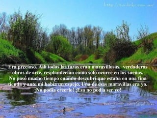 Era precioso. Allí todas las tazas eran maravillosas,  verdaderas obras de arte, resplandecían como solo ocurre en los sueños. No pasó mucho tiempo cuando descubrí que estaba en una fina tienda y ante mi   había un espejo. Una de esas maravillas era yo. ¡No podía creerlo! ¡Esa no podía  se r yo! 