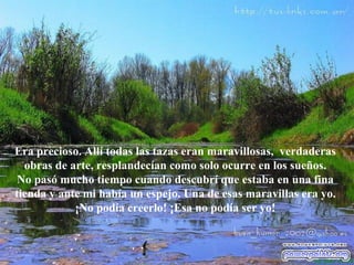 Era precioso. Allí todas las tazas eran maravillosas,  verdaderas obras de arte, resplandecían como solo ocurre en los sueños. No pasó mucho tiempo cuando descubrí que estaba en una fina tienda y ante mi   había un espejo. Una de esas maravillas era yo. ¡No podía creerlo! ¡Esa no podía  se r yo! 