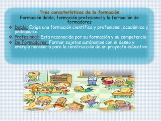 Tres características de la formación
Formación doble, formación profesional y la formación de
formadores
 Doble: Exige una formación científica y profesional, académica y
pedagógica
 Profesional: Esta reconocida por su formación y su competencia
 De Formadores: Formar sujetos autónomos con el deseo y
energía necesaria para la construcción de un proyecto educativo
 