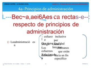 E
l
L---Bec~a,aei6Aes ca rectas-e--:
respecto de principios de
administración
esfuerz
o
Que tiene
inclusivo
por
finalidad
() Laadministració
n
es
Dirigir
-
Guiar e
IntegrarLos
esfuerzos
Relacionado
s
humanos
que están
enfocado
s
hacia un fin
específico
La Tarea Educativa de la Iglesia· Unidad 4 · Lección
10
08/09/201419
 